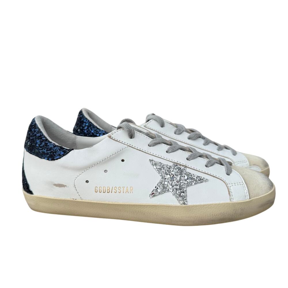 Golden Goose Women's Super-Star Silver Star & Blue Glitter Heel Tab Sneakers- 39 - Picture 2 of 10